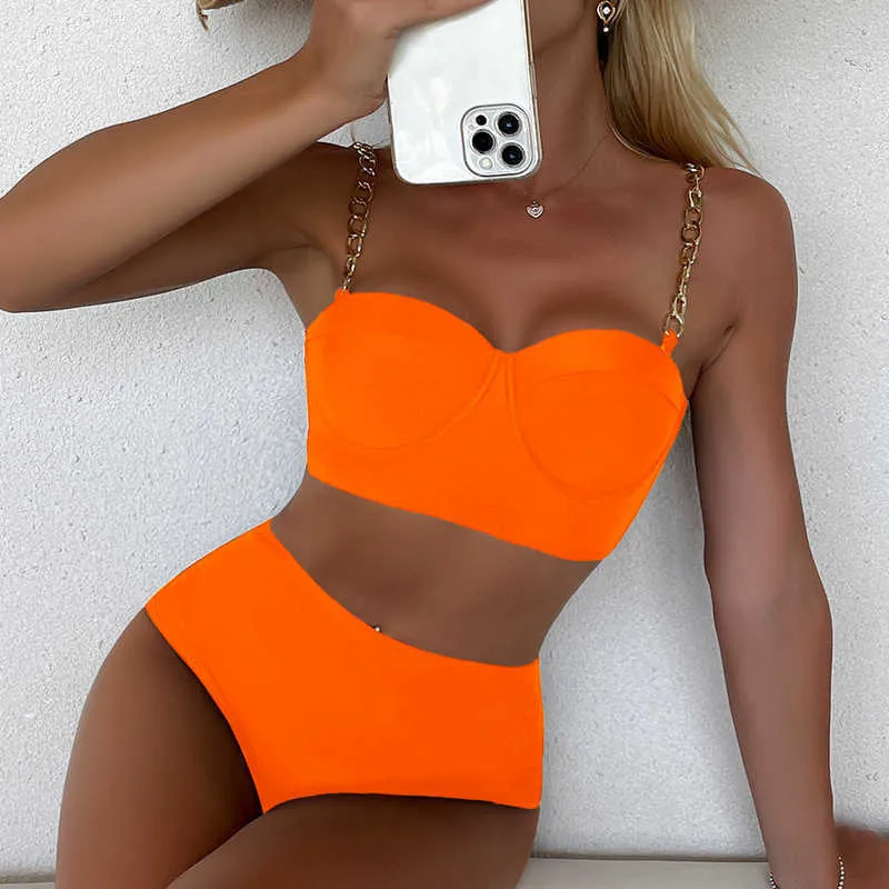 Kvinnors badkläder 7 färger hög midja bikini set vadderad hård wrap -topp med kedje axelband kvinnor 2023 fluorescerande grön/svart/ljus orange p230525