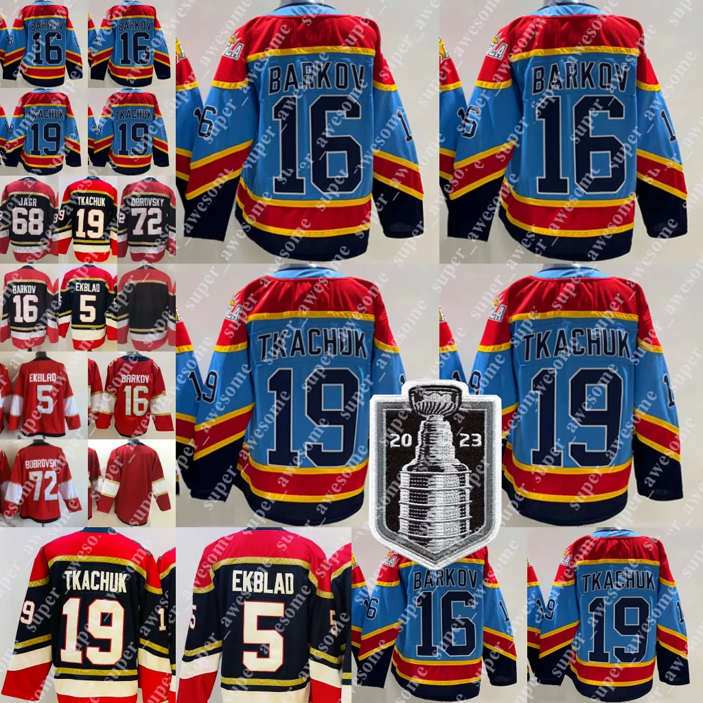 Patch finale della Stanley Cup 2023 16 Maglia Aleksander Barkov 19 Maglia Matthew Tkachuk Sergei Bobrovsky Aaron Ekblad Maglie hockey azzurro rosso