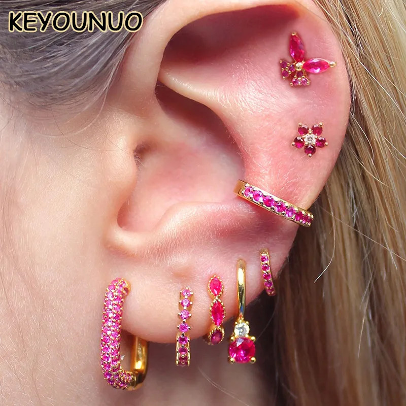 Kyounuo goud zilver gevuld bengelen oorbellen ingesteld voor vrouwelijke oormanchet zirkon vlinder bloemstudie hoepel oorbellen sieraden groothandel