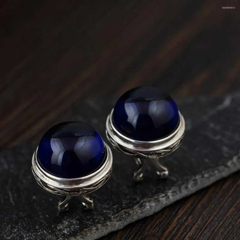 Stud Earrings FNJ Round Blue Corundum 925 Silver Original Pure S925 Sterling Earring Women Jewelry