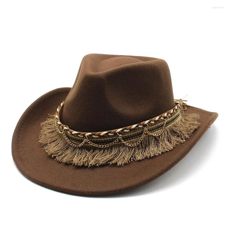 Boinas chapéu de cowboy para mulheres e homens tástels jazz capitão de lã 57-58cm Estilo étnico Curved Brim de alta qualidade Cowgirl NZ0062