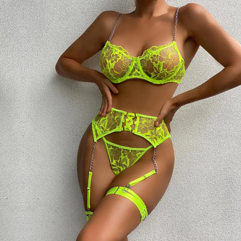 Sexy lingerie Women Neon Green Female Underwear Intimate Bra and Panty Set  Woman 2 Pieces Lace See Through Outfit - AliExpress