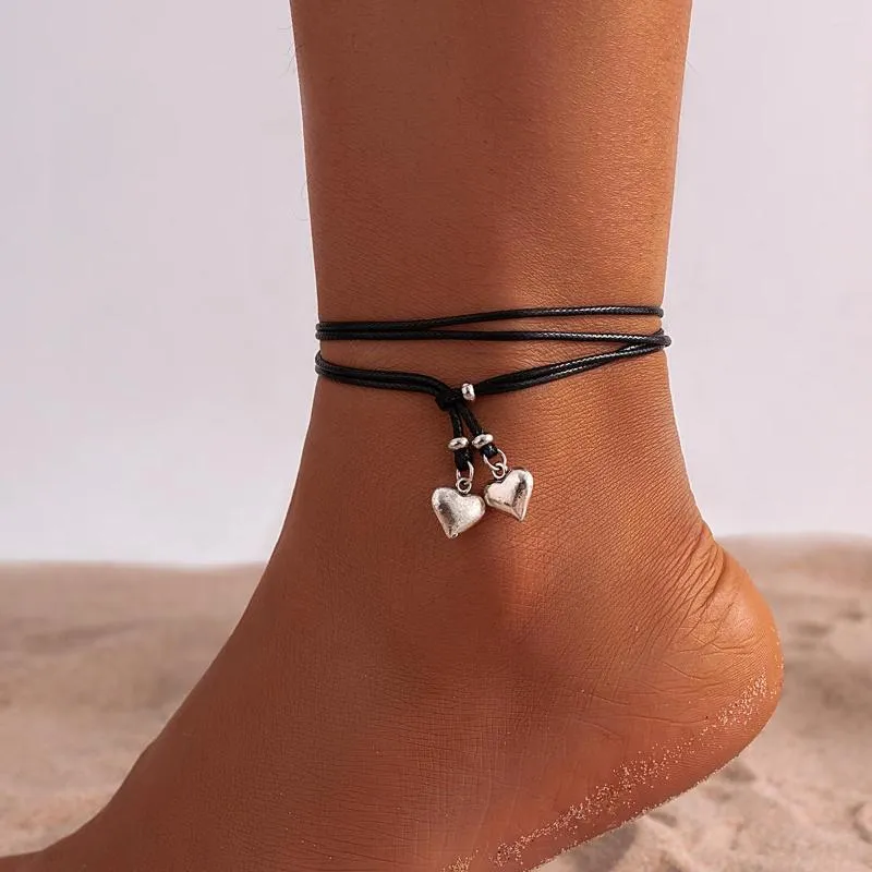 Anklets PuRui Boehmia Black Leather Wax Line Ankle Bracelet With Small Heart Pendant Women Jewelry On Foot Anklet Chain Summer Beach