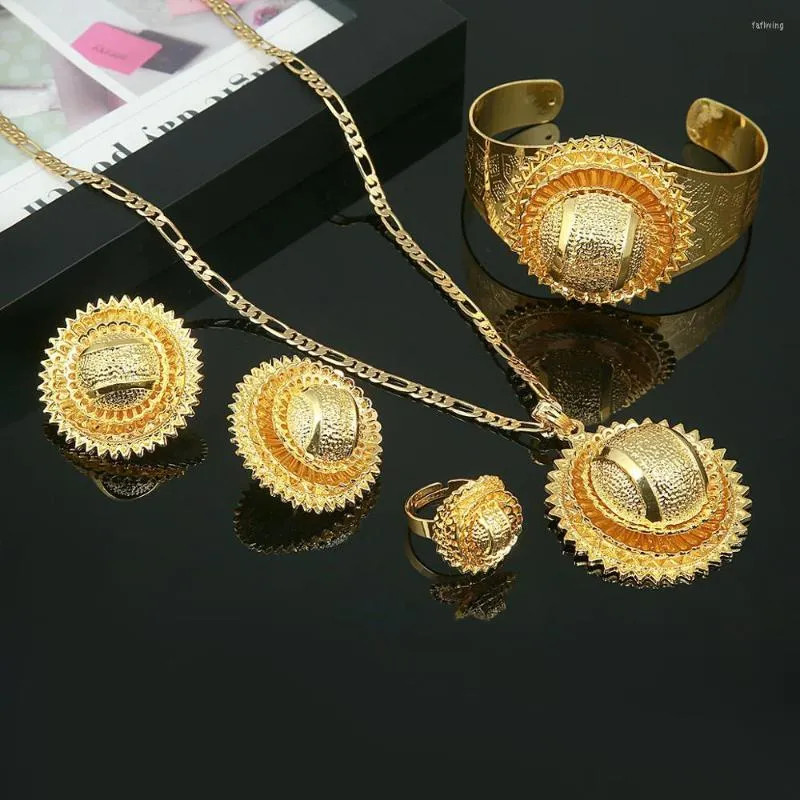 Halskette Ohrringe Set äthiopische Goldfarbe Anhänger Armreif Ring Habesha eritreische Hochzeit