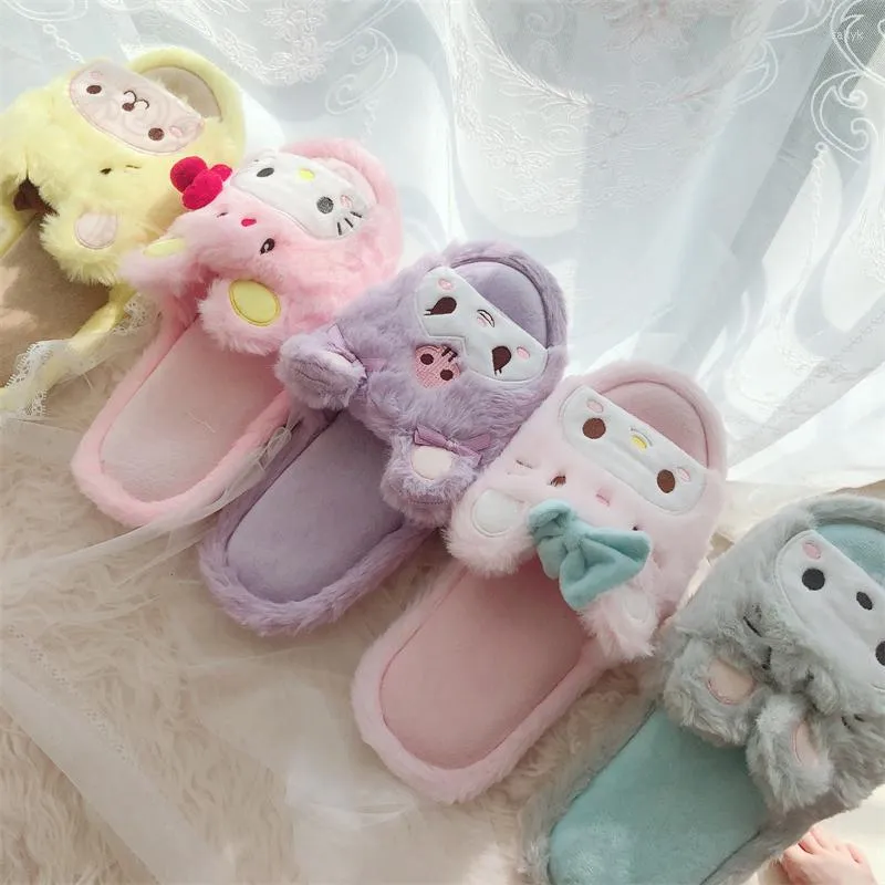 Tofflor Kawaii Cartoon Women Girl Japanese Anime Flat Peep Toe Plush inomhusskor Non-Slip Casual Pink Spring Autumn