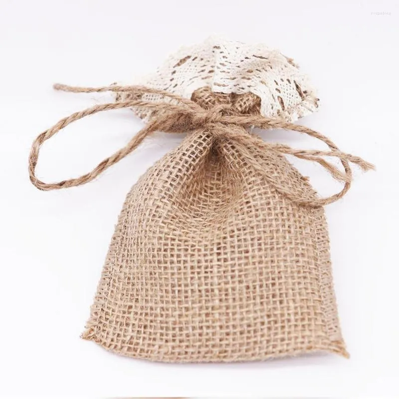 Storage Bags Fashion Lace Side Jute Bag 15x10cm Natural Burlap Linen Jewelry Candy Drawstring Gift Pouch Wedding Birthday Party Favor