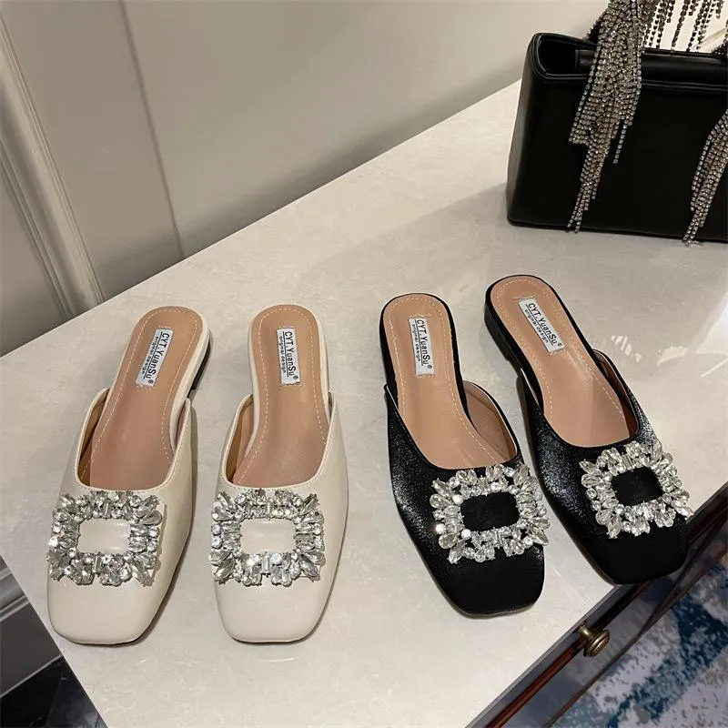 Slippers Shoes Flat Mules For Women 2023 Slides Jelly Flip Flops Lady Loafers Fashion Low Cover Toe Glitter Girl Soft Luxury Fab