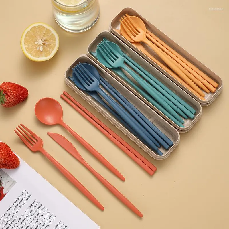 Dinnerware Sets Portable Reusable Spoon Fork Chopsticks Wheat Straw Tableware Cutlery Set Travel Picnic Students Office Kitchen School Use