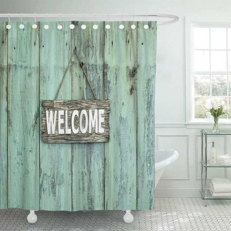 Shower Curtains Wood Welcome Sign Hanging By Rope On Antique Rustic Curtain Waterproof Polyester Fabric 60 X 72 Inches Set With Hooks
