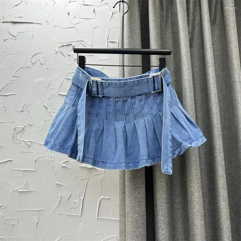 Spódnice dziewczyna dżinsowa spódnica kobiet 2023 Wiosna lato szeroki pasek A- linia odchudzanie plisowane seksowne dziewczyny mini dżinsy