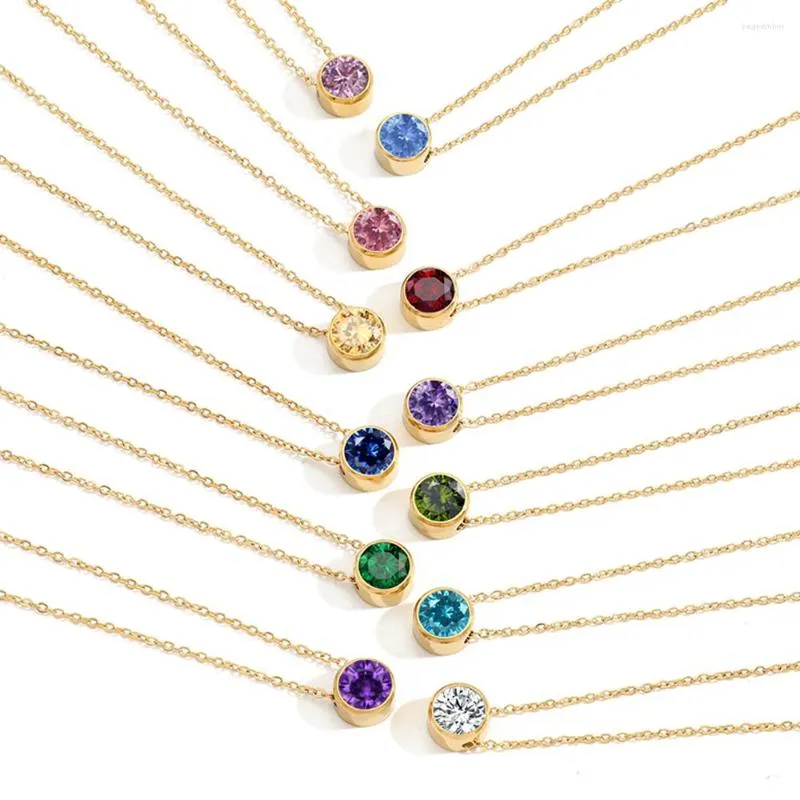 Hänghalsband rostfritt stål halsband för kvinnor smycken färgglada zirkon 12 månader lycklig färg jubileumsgåva