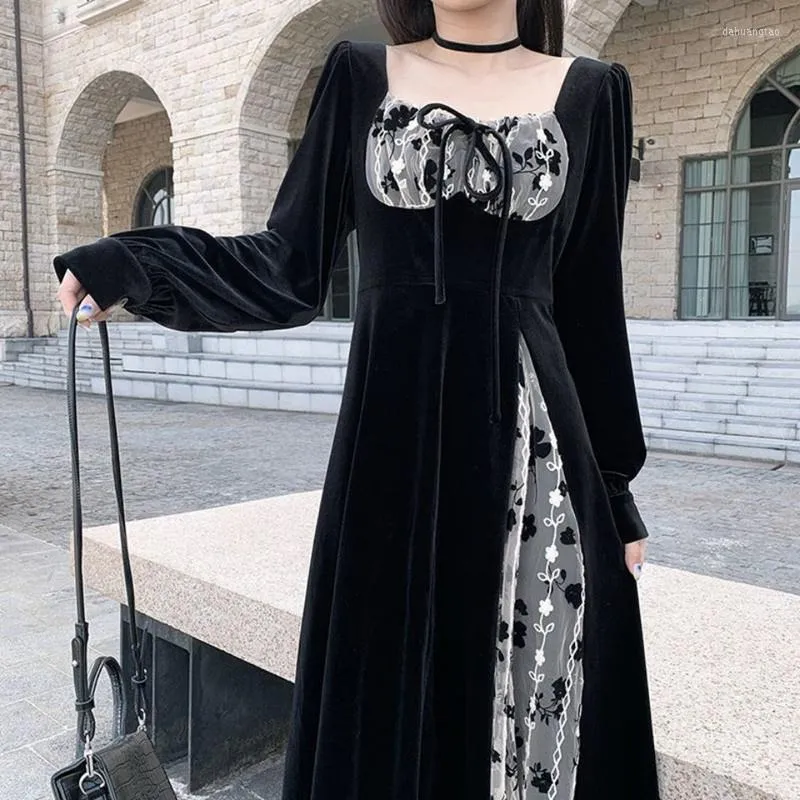 Robes décontractées velours noir 2023 femmes printemps Patchwork coupe latérale robe dames élégante jupe mode Rose fleur tuniques Y2k