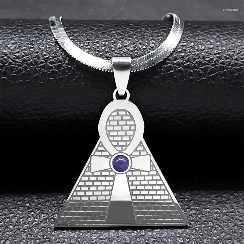 Pendentif Colliers Égyptien Ankh Clé De Vie Pour Femmes / Hommes Argent Couleur Acier Inoxydable Violet Cristal Pyramide Collier Bijoux Bijoux