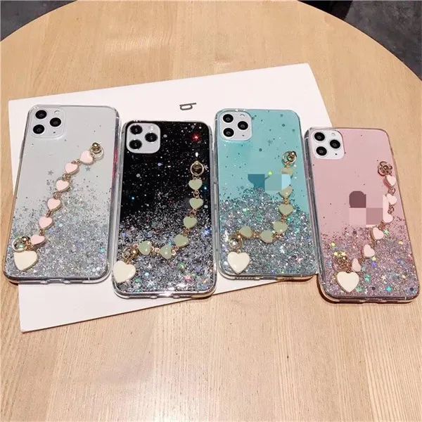 Coeur Bling Glitter Soft TPU Cas Pour Iphone 14 Pro Max 13 12 11 XR Avec Poignet Chian Bracelet Perle Bracelet De Luxe Feuille Confetti Sequin Couverture De Téléphone