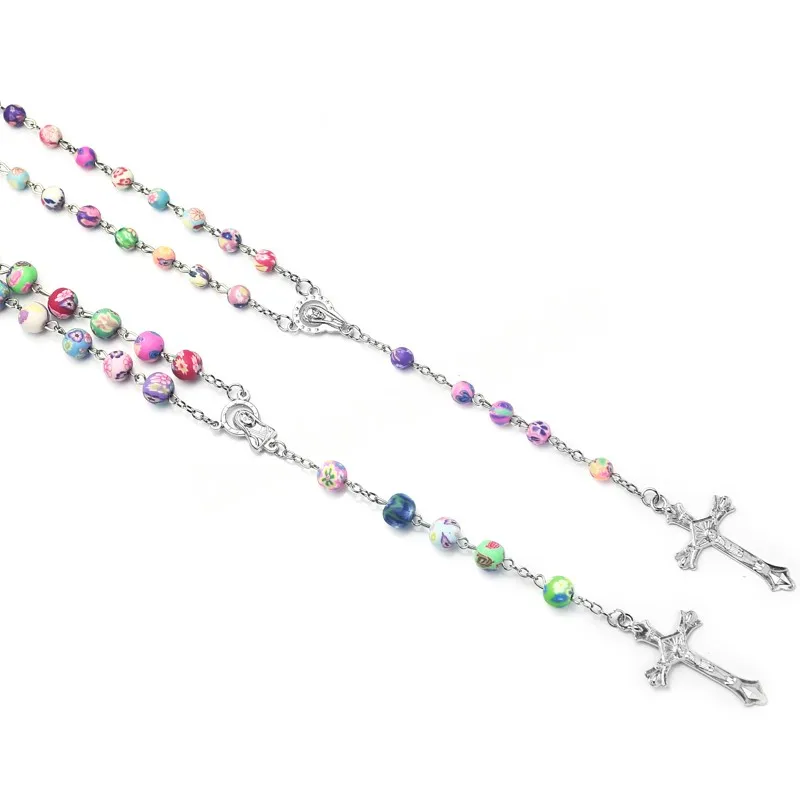 Multicolor Polymer Clay Beads Rosary Cross Necklace For Women Crucifix Pendant Chain Kvinnlig religionsmycken
