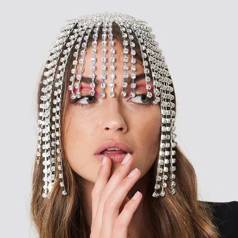 Strass de luxo delicados nacionais de testa de testa nacional Corrente da cadeia de cabelo toupeiro multi-camada Tassel Sexy Máscara Acessórios para cabelos de corrente