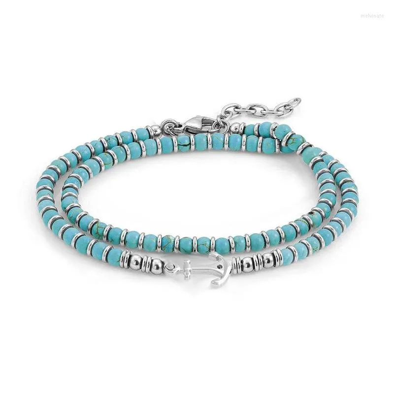 Strand runda heren armband turquoise stenen kralen met anker roestvrij staal verstelbare maat 38 cm dubbele keten charme bead