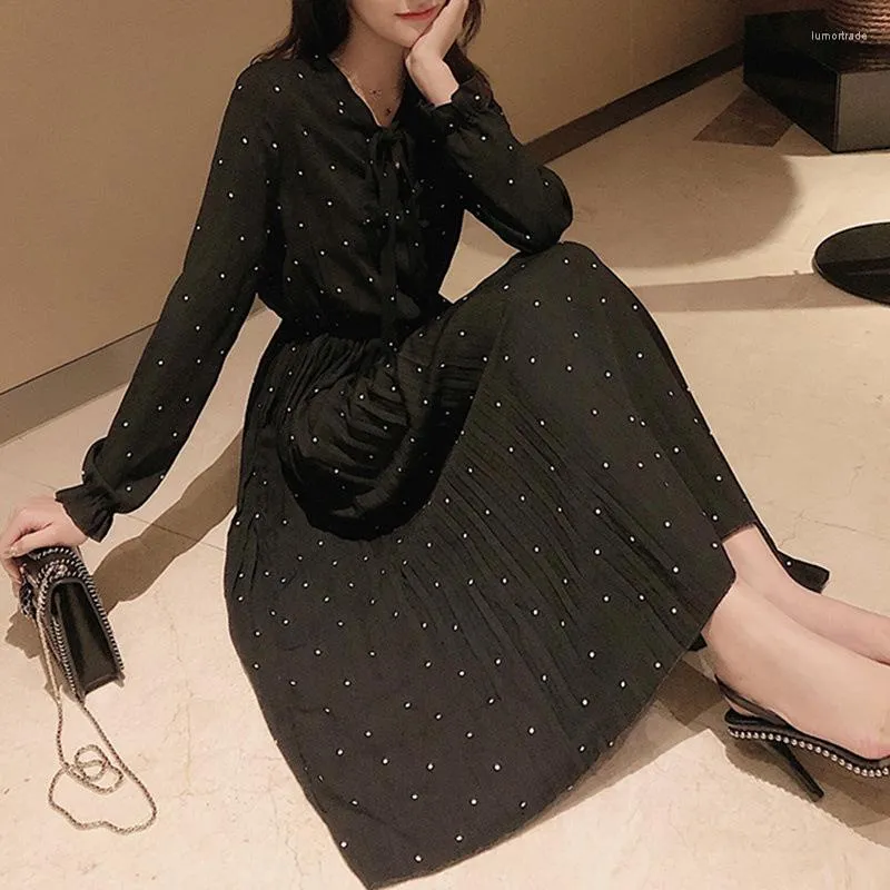 Elegant Black Dot Chiffon A Line Cami Black Midi Dress With Lace