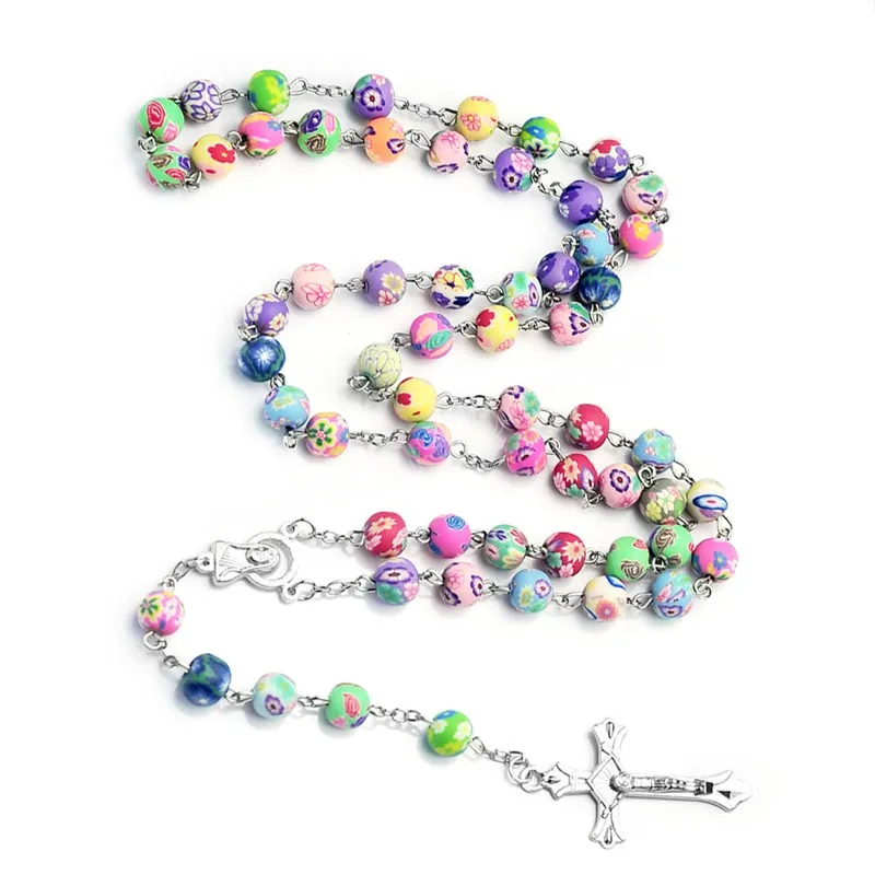Multicolore perles en argile polymère chapelet croix collier pour femmes Crucifix pendentif chaîne femme Religion bijoux