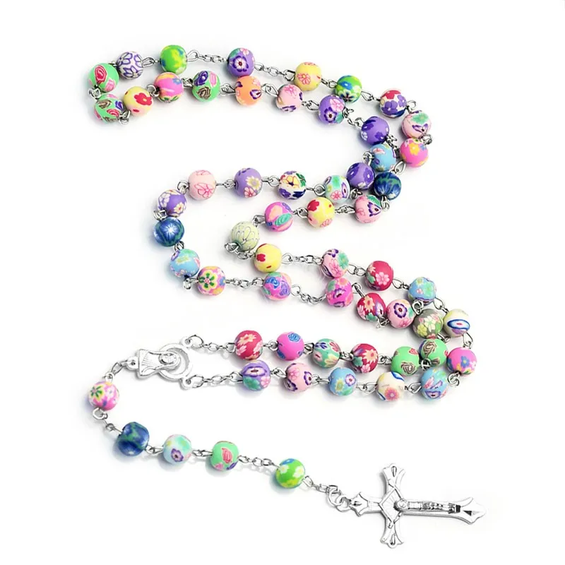 Multicolor Polymer Clay Beads Rosary Cross Necklace For Women Crucifix Pendant Chain Kvinnlig religionsmycken