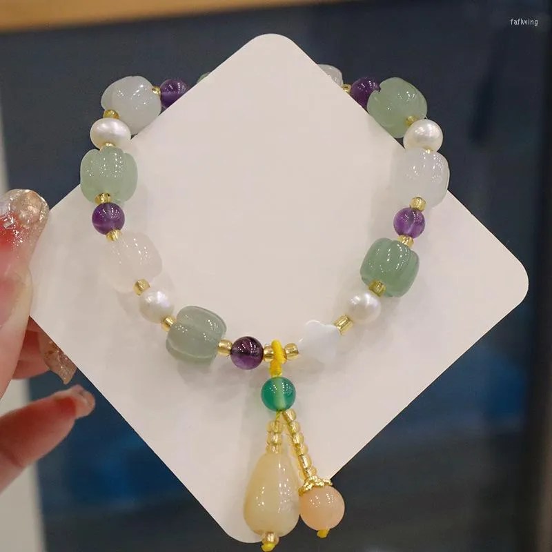 Braccialetti con ciondoli Minar Dolce Perla d'acqua dolce Verde Pietra naturale Fiore bianco Per le donne Gioielli con bracciale con perline con filo elastico