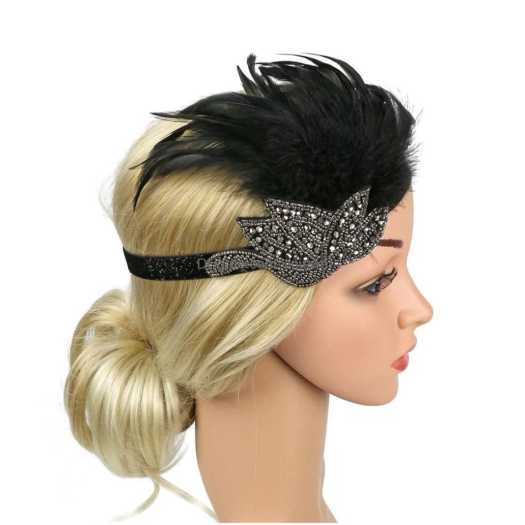 women elegant wedding hair accessories fashion rhinestones feather party hat sequins beaded headband accessory