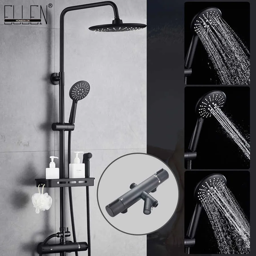 Banyo duş setleri termostatik duş muslukları seti siyah duvara monte yağmur duş musluk depolama raf banyo mikseri musluk sıcak soğuk el3905 g230525