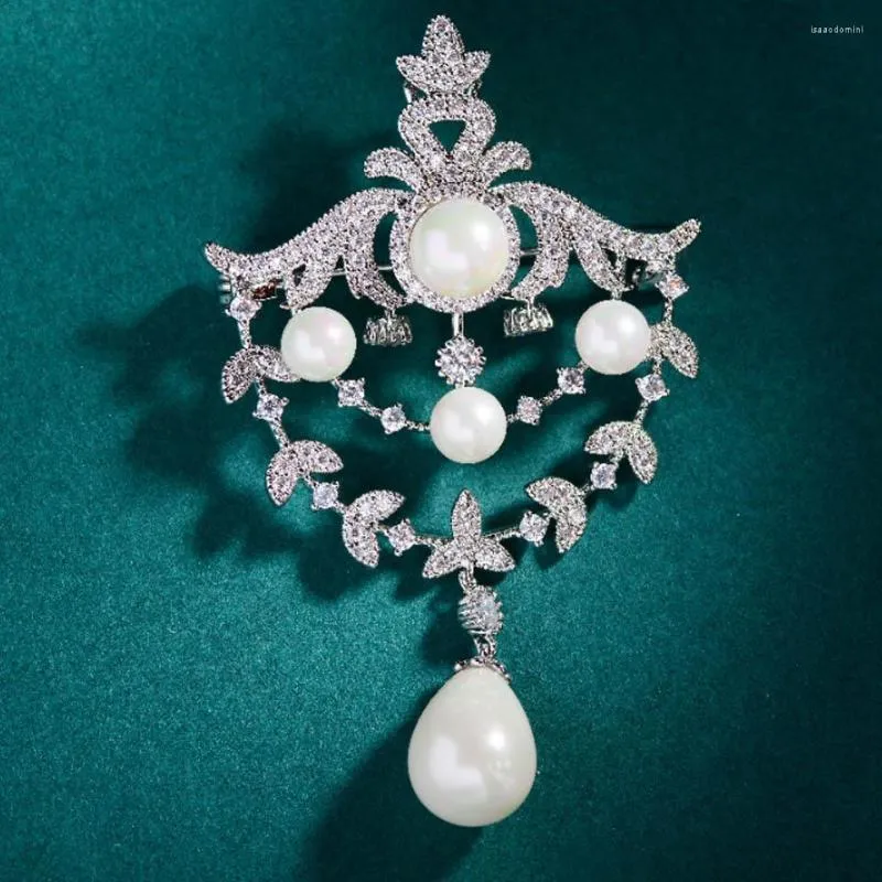 Broszki Zlxgirl White Pearl Crown kształt ślub biżuteria damska Wysoka cyrkon Pins Pins Mother Hijab