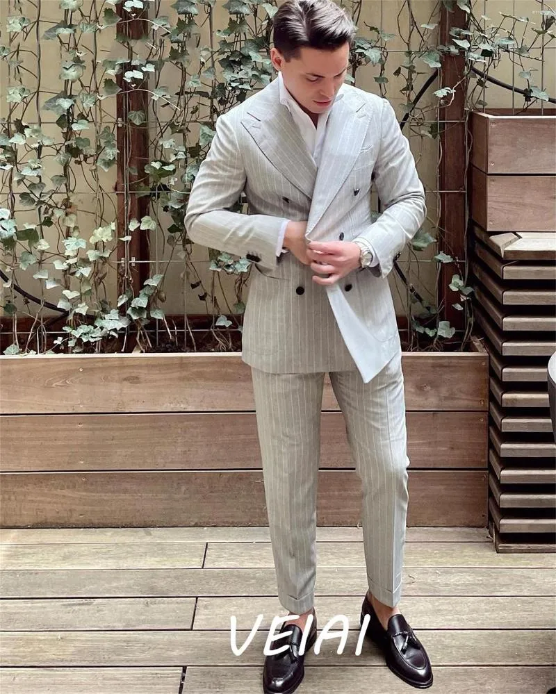 Men s Suits Grey Pinstripe Men Peaked Lapel Double Breasted Blazer Sets Business Wedding Suit 2 Pieces Costume Homme Jacket Pant