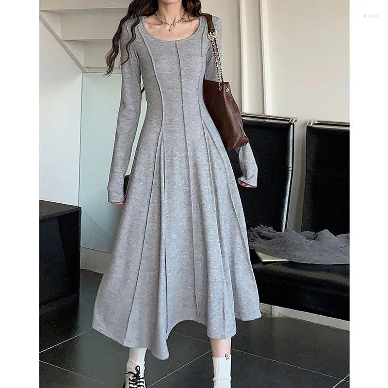 Abiti casual Elegante abito monopezzo Moda coreana Primavera Autunno Basic Manica lunga Midi Colore puro Even Party Female Chic