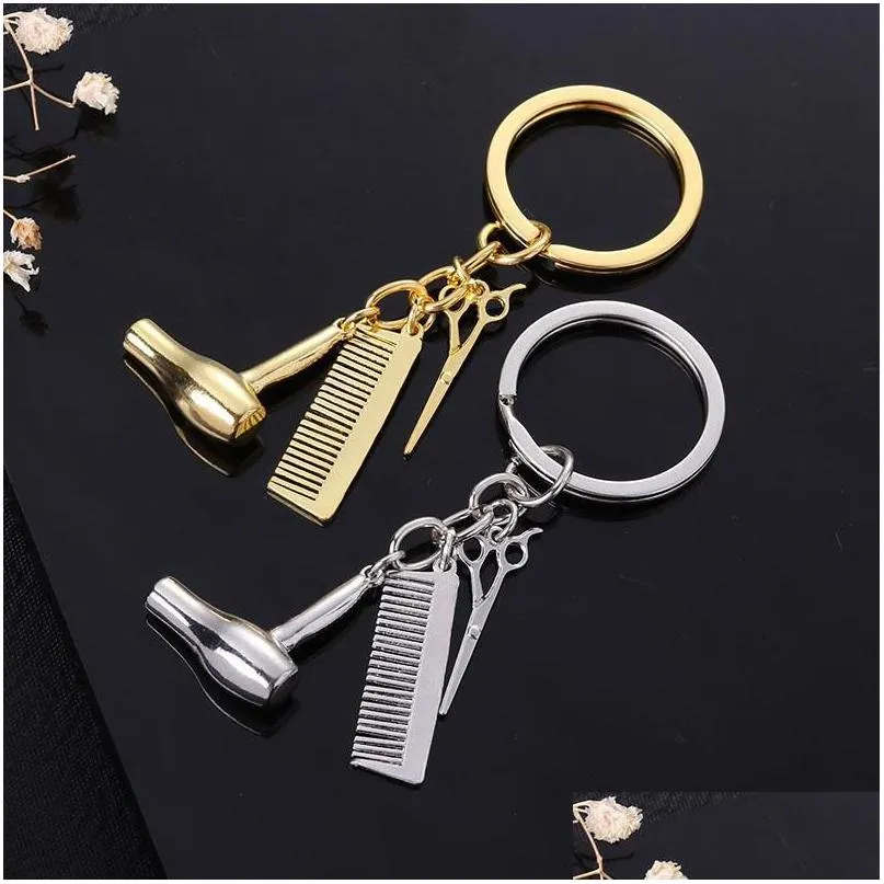 Keychains Lanyards Fashion Haircut Scissor Comb Hair Dryer Keychain Key Ring Charm Sier Gold Plated Chain Bag Hangs Jewelry Drop D Dh2Pr