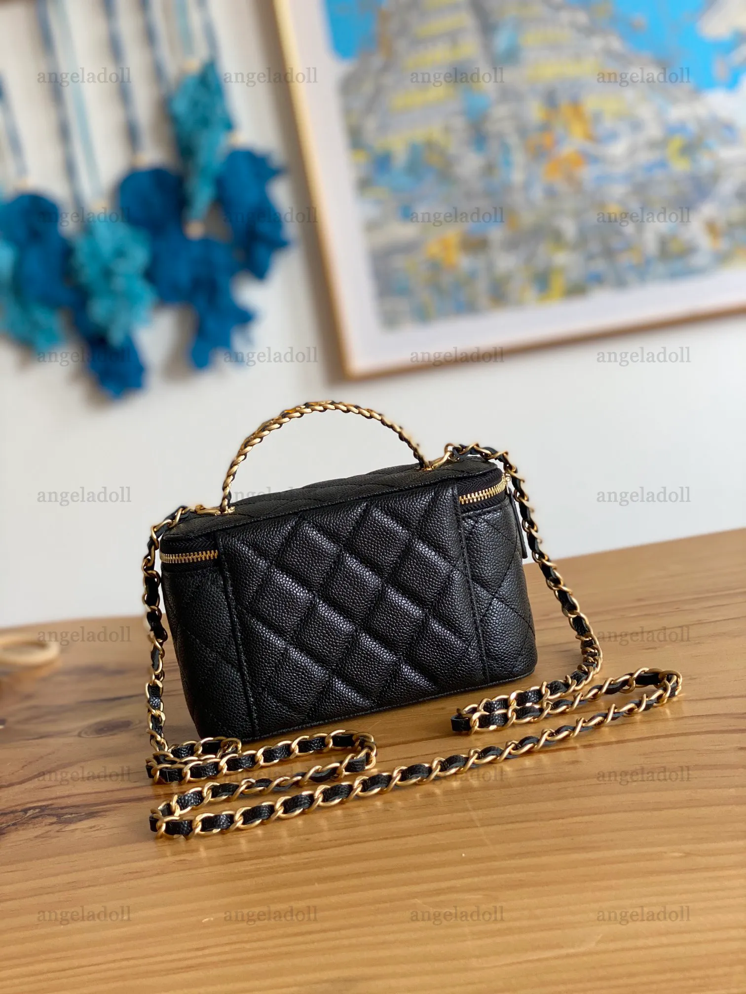 Real Leather Vanity Case Bag Mini 16cm Designer Crossbody Chain Bag for Women Black Calfskin