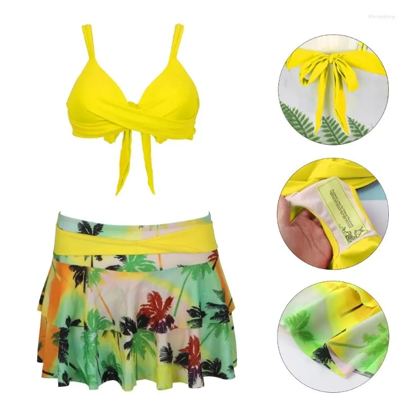 Kvinnors badkläder Kvinnor Hög midja V-hals vändningar Front Beachwear Bikini Set Split Spaghetti Tryckt baddräkt Ruffled Swimming Suit
