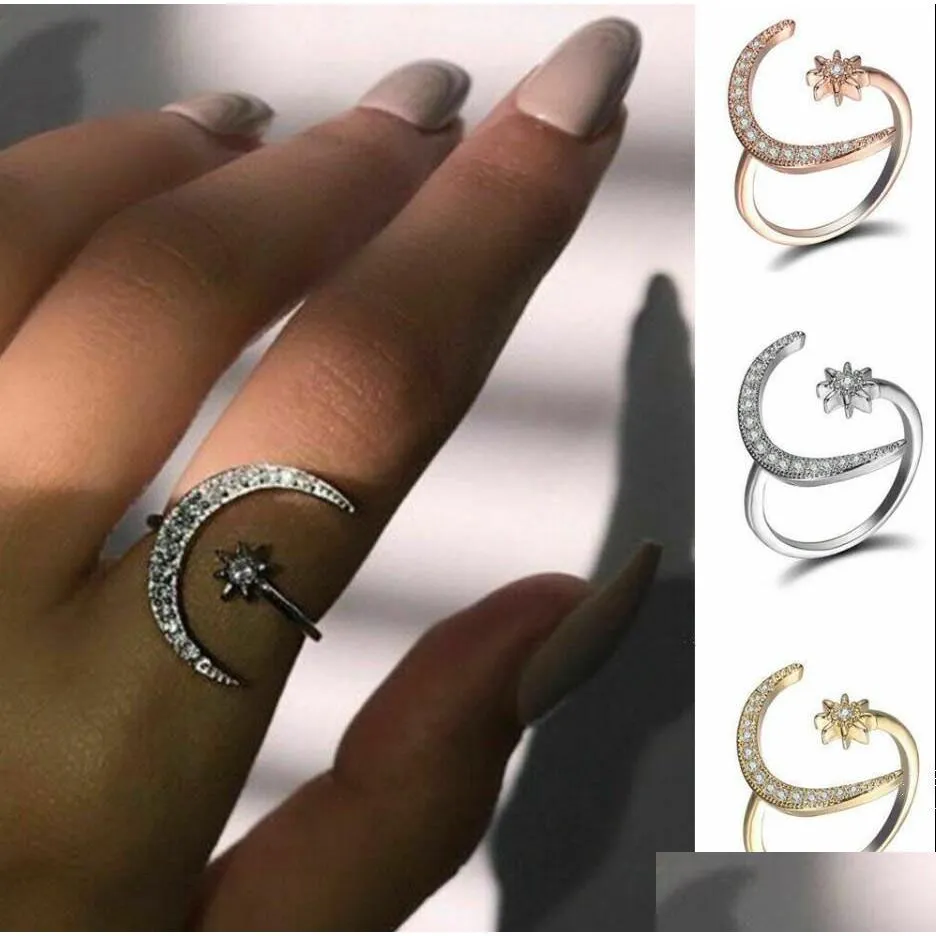 Band ringar mode Sier CZ Moon and Star Women Wedding Jewelry Open Justerbar ring Drop Delivery Dhuzk