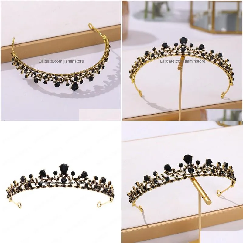 Diadèmes Couronne De Mariée Chapeaux Anniversaire Coiffure Strass Noirs Rétro De Luxe Accessoires De Cheveux Drop Delivery Bijoux Hairjew Dhayo