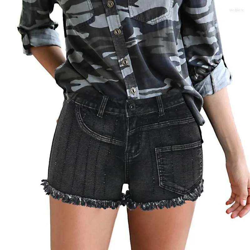 Jeans Femme WITHZZ Short en Jean Asymétrique Lignes Verticales et Glands Taille Mi-Haute Femme Noir