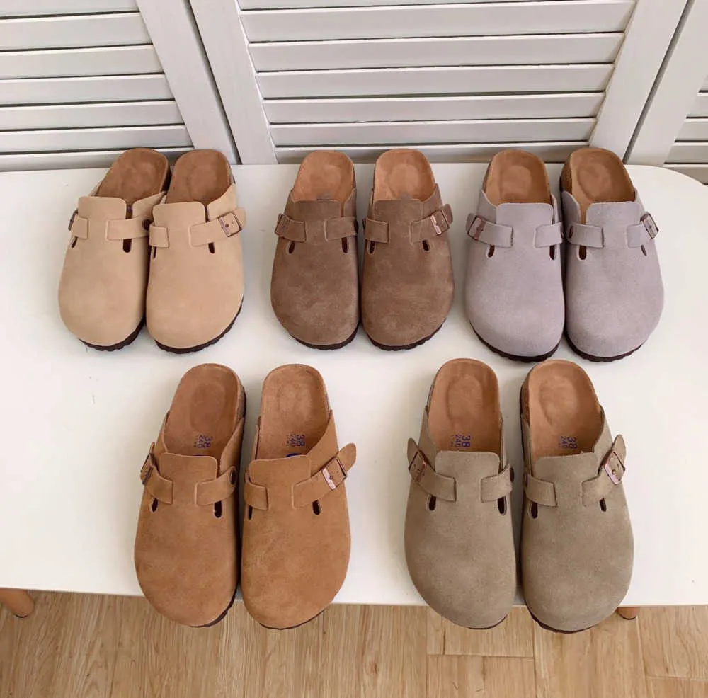 Designer-Hausschuhe Boston, halber Slipper, flache Pantoletten, Sandalen, Slides, Birks, Clogs, Damen, weiches Fußbett, Wildleder, Schnallenriemen, Schuhe, Kork, holziges Motion-Design, 67er Jahre