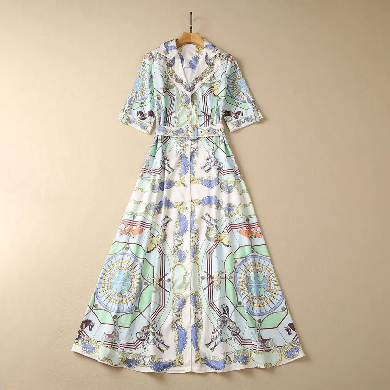 2023 Summer Multicolor Paisley Horses Print Belted Dress Kort ärm Notched-Lapel Rhinestone Long Maxi Casual Dresses S3W220518