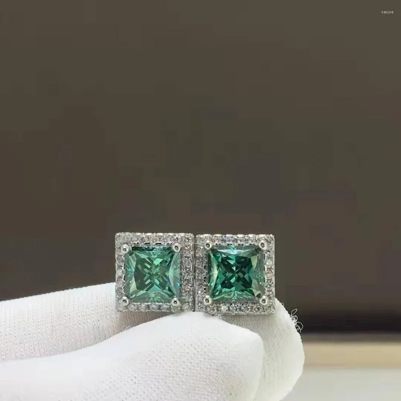 Stud Earrings Passed Test Perfect Cut 1ct Green Princess Square Moissanite Diamond 925 Sterling Silver Women Fashion Luxury Jewelry