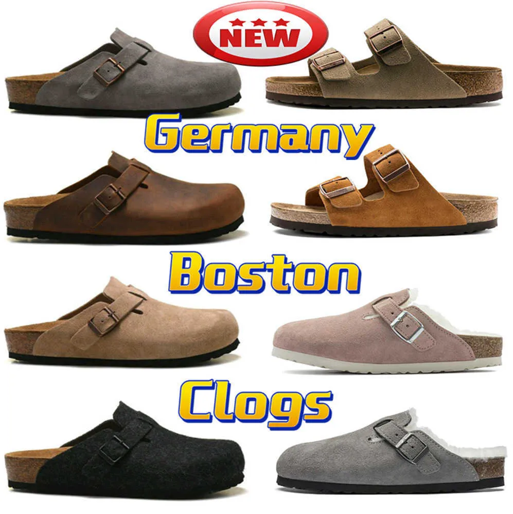 Nya sandaler designer kvinnor boston clogs tofflor glider Tyskland kork sandal päls slide mens loafers skor kvinnor läder mocka taupe toffel rörelse design 60ess