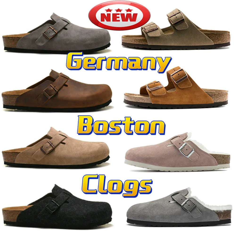 Nouvelles Sandales Designer Femmes Boston Sabots Pantoufles Diapositives Allemagne Liège Sandale Fourrure Diapositive Hommes Mocassins Chaussures Femmes Cuir Daim Taupe Pantoufle Motion design 60ess