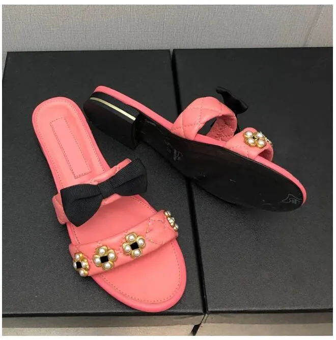 Designer Quilted Low Heel Pink Slippers With Bowknot And Faux