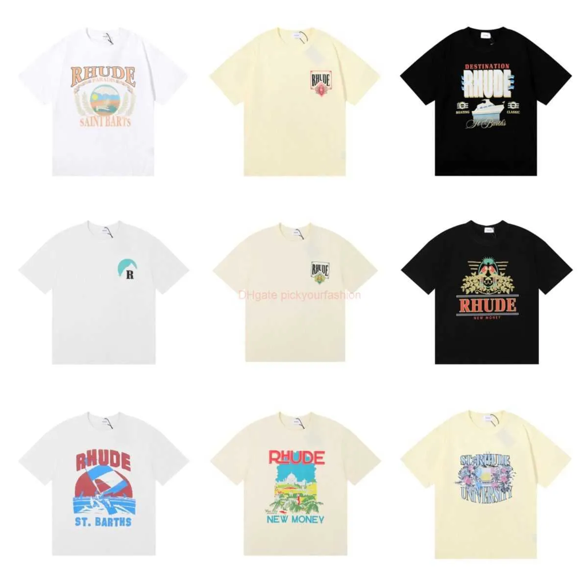 Diseñador de ropa de moda Camiseta Rhude American High Street Lita eslogan Hombres impresos Amantes para mujer Versátiles Versátiles de manga corta de manga de algodón