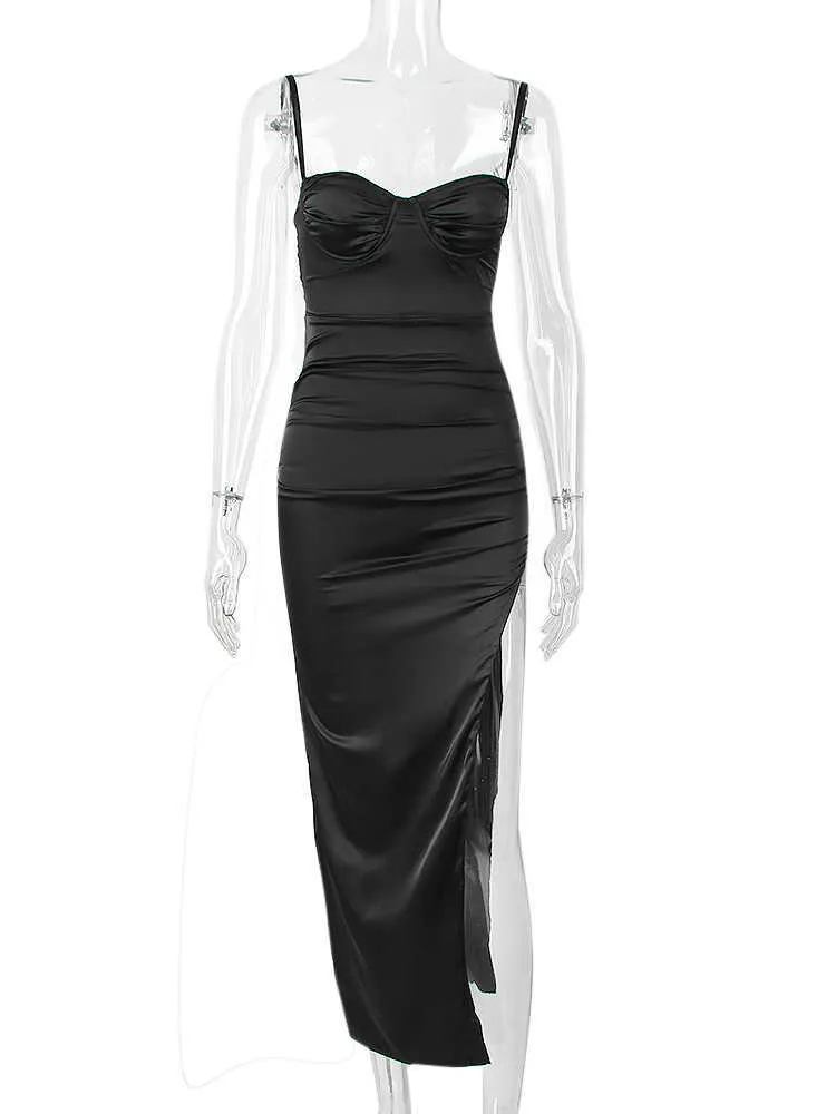 Vintage Black Satin Maxi Dress with Underwire Pad and Thigh Split for Women's Evening Prom Party