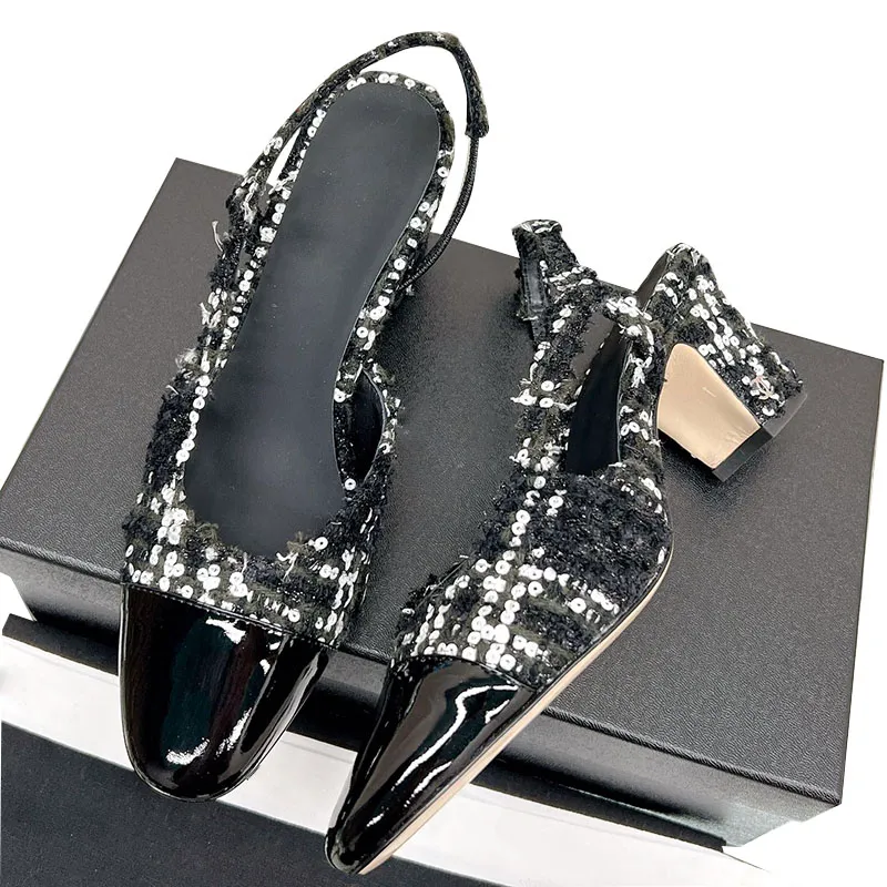 Womens Slingbacks Dress Shoes Designer Tweed Chunky Heels 6.5cm Sandals Pointed Toes Glittered Tulle Slip On Wedding Shoe Ladies Casual Shoe Pink Black Slides