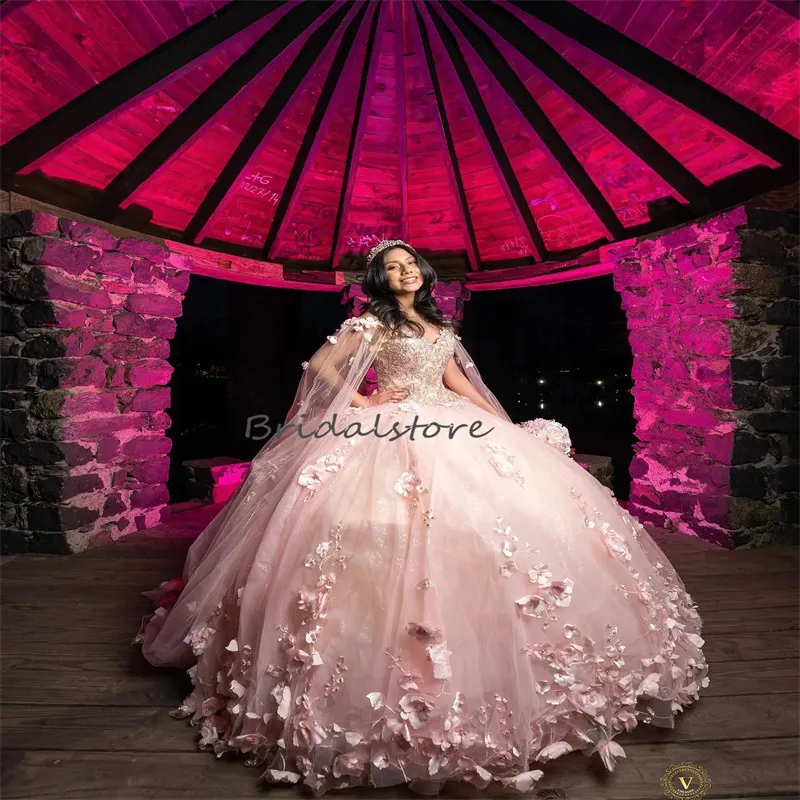 Mexican princess Pink Quinceanera Dresses with 3D Floral Applique lace-up  corset Vestidos XV Años Sweet