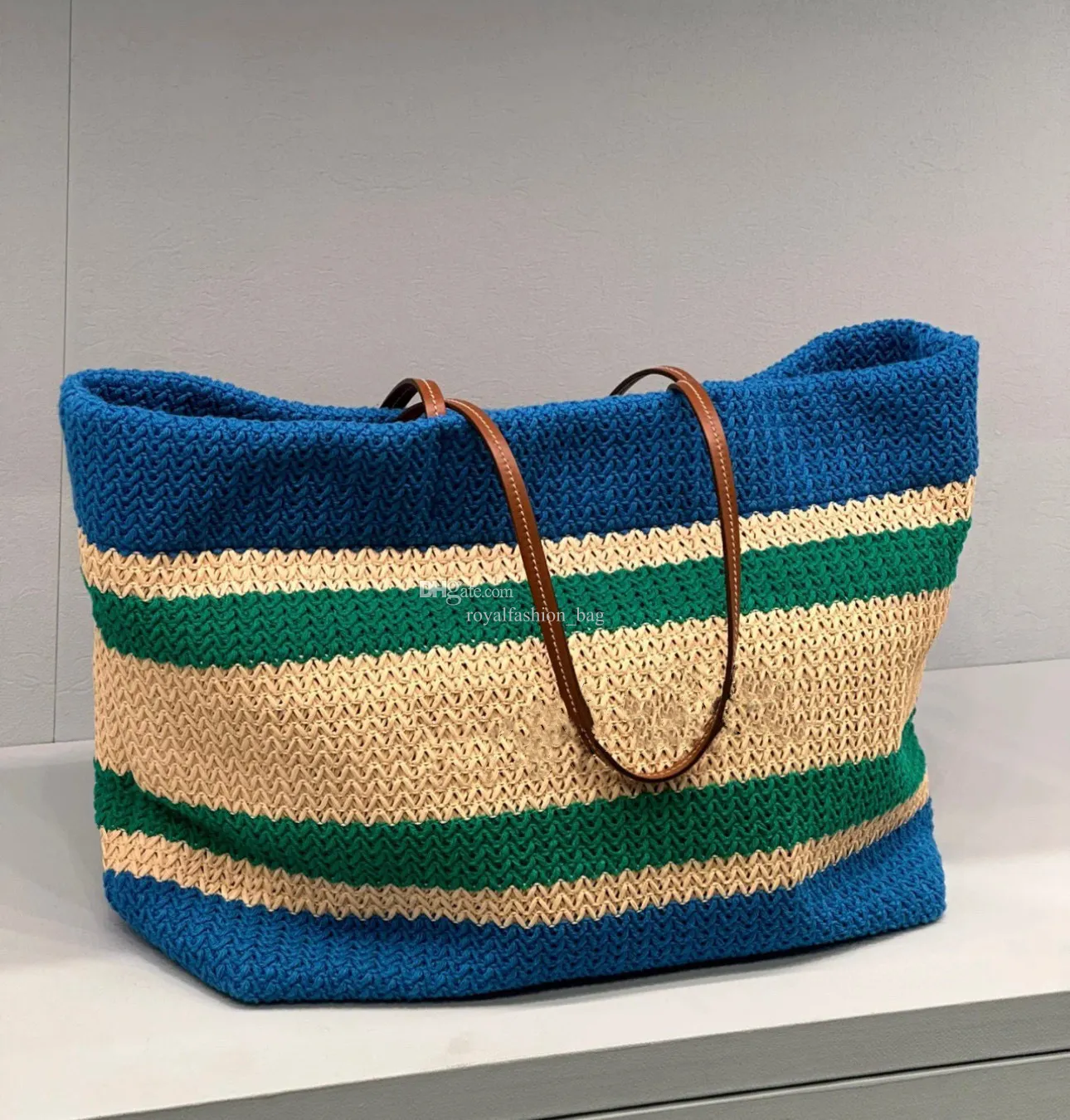 Fashion Colorful Woven Beach Bag Miu Logo Classic Women's Handbag Designer Leather Handle Handle Luxury Bag ID RoyalFashion_Bag