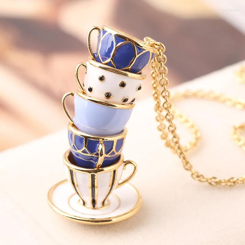 Collane con ciondolo Collana a forma di tazza di caffè in porcellana smaltata delicata alla moda Collana antica La via della seta Cina Catena maglione Confezione regalo