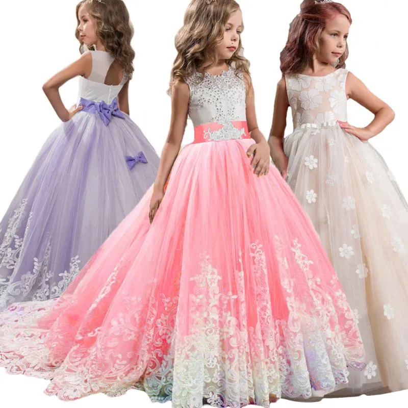 Robes de fille filles filles dentelle fleur longue robe enfants princesse fête de mariage enfants vêtements de noël vêtements robes pour Thanksgiving