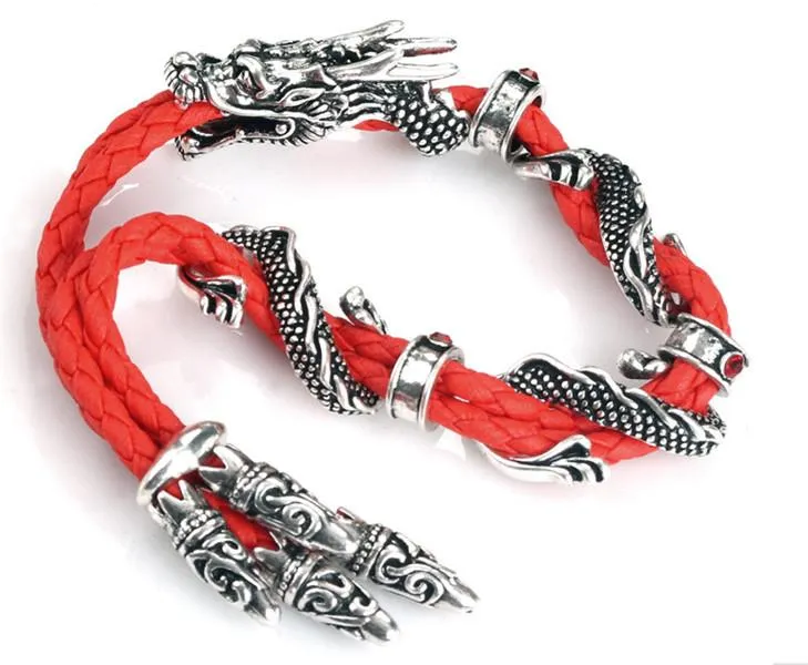 Pulseras con dijes, joyería de plata antigua a la moda, brazaletes de dragón con diamantes de imitación de cristal de cuerda roja Vintage elegante para mujer